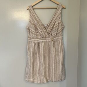 Ophelia Roe Linen Blend Smocked Back Mini Dress Beige Striped  2X Cottagecore